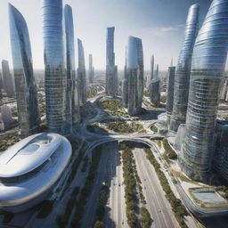 A photorealistic portrayal of a futuristic world filled with advanced technology, contemporary architecture, and visionary urban planning