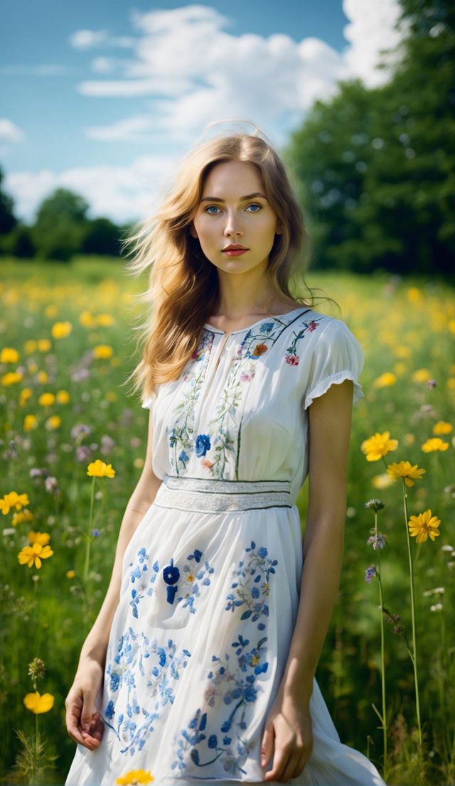 A 20-year-old Estonian woman outdoors in a white summer dress, standing amidst a field of wildflowers against a backdrop of lush greenery and clear blue sky