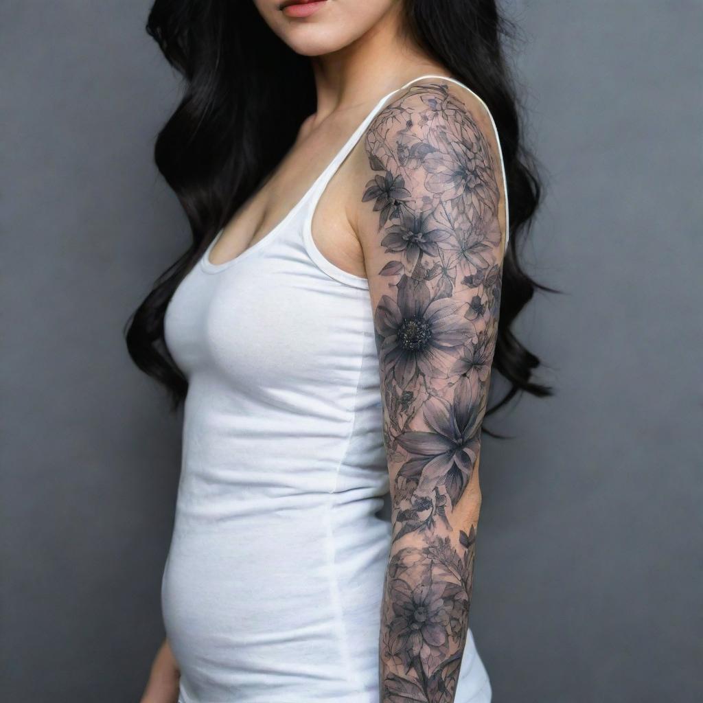 Generate a highly detailed, feminine, and delicate black and grey tattoo sleeve that amalgamates elements of nature, animals, various plants and science/medicine themes