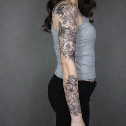 Generate a highly detailed, feminine, and delicate black and grey tattoo sleeve that amalgamates elements of nature, animals, various plants and science/medicine themes