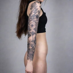 Generate a highly detailed, feminine, and delicate black and grey tattoo sleeve that amalgamates elements of nature, animals, various plants and science/medicine themes