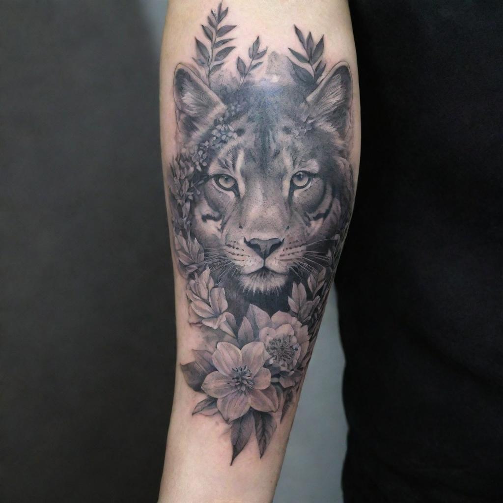 Generate a highly detailed, feminine, and delicate black and grey tattoo sleeve that amalgamates elements of nature, animals, various plants and science/medicine themes