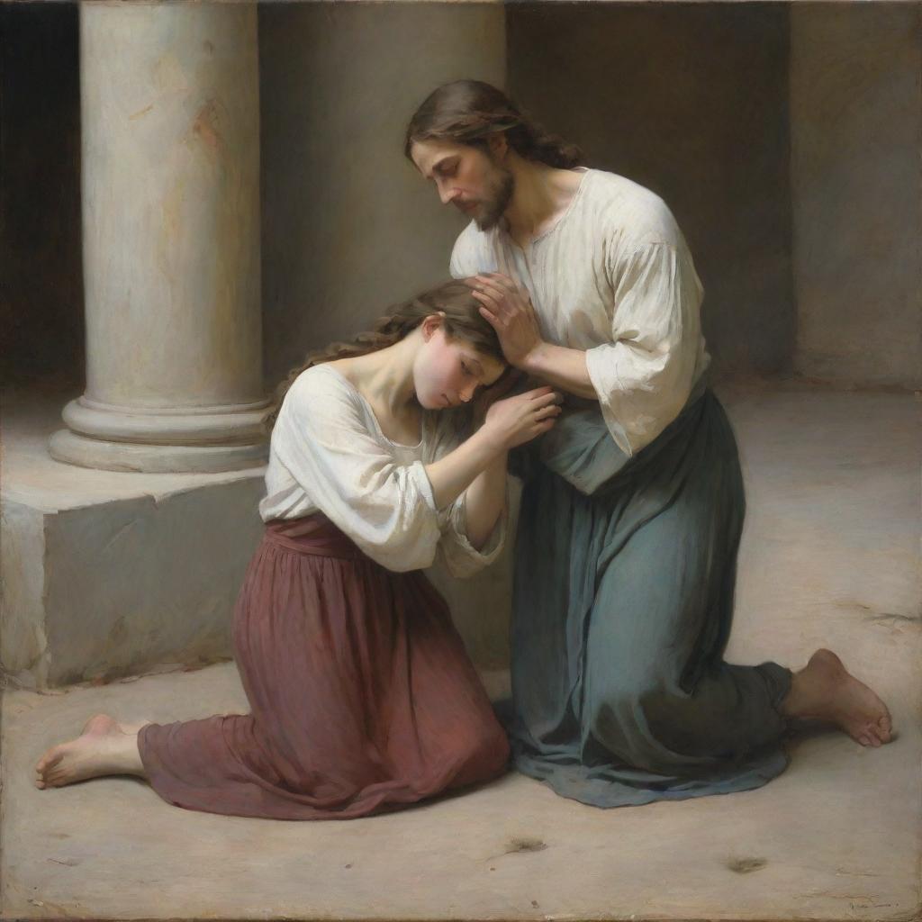 Recreate the scene of Christ and the adulterous woman, who is depicted on her knees on the ground with her shoulders exposed, in the style of Bouguereau