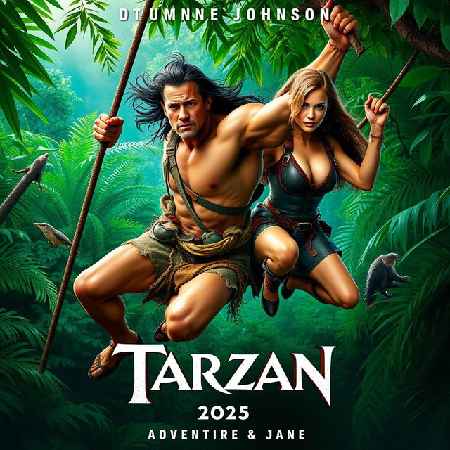 A cinematic movie poster for 'Tarzan (2025)', featuring Dwayne Johnson as a muscular, rugged Tarzan with flowing long dark hair, dressed in a mix of animal skins and modern accessories, swinging from vines in a lush jungle