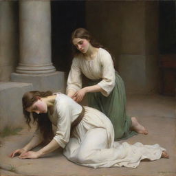 Recreate the scene of Christ and the adulterous woman, who is depicted on her knees on the ground with her shoulders exposed, in the style of Bouguereau