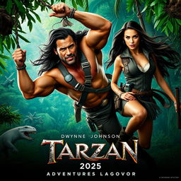 A cinematic movie poster for 'Tarzan (2025)', featuring Dwayne Johnson as a muscular, rugged Tarzan with flowing long dark hair, dressed in a mix of animal skins and modern accessories, swinging from vines in a lush jungle