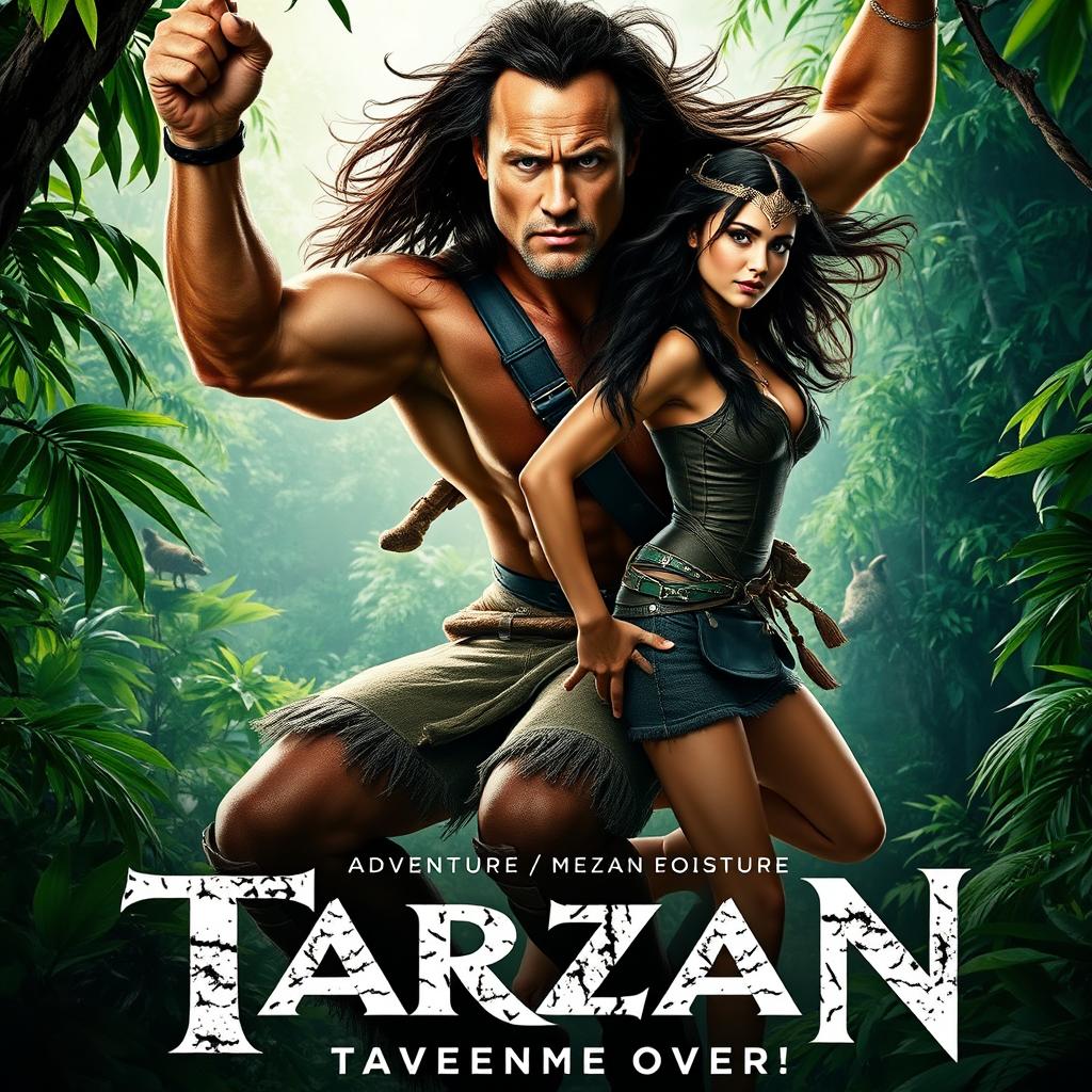 A cinematic movie poster for 'Tarzan (2025)', featuring Dwayne Johnson as a muscular, rugged Tarzan with flowing long dark hair, dressed in a mix of animal skins and modern accessories, swinging from vines in a lush jungle