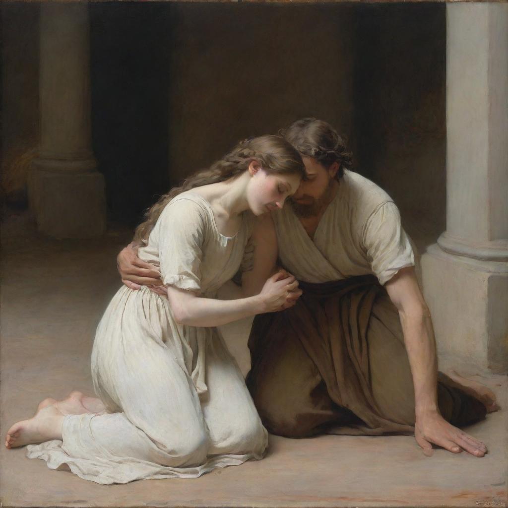 Recreate the scene of Christ and the adulterous woman, who is depicted on her knees on the ground with her shoulders exposed, in the style of Bouguereau