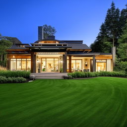 A detailed, well-lit exterior view of a beautiful detached house with a lush green lawn and an inviting pathway leading to the main entrance.