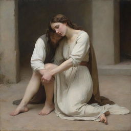 Recreate the scene of Christ and the adulterous woman, who is depicted on her knees on the ground with her shoulders exposed, in the style of Bouguereau