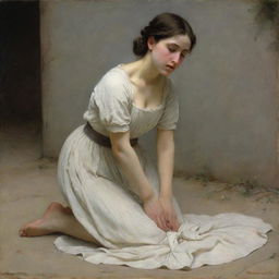 Depict the adulterous woman kneeling on the ground, her shoulders exposed and influenced by the style of William-Adolphe Bouguereau