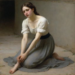 Depict the adulterous woman kneeling on the ground, her shoulders exposed and influenced by the style of William-Adolphe Bouguereau