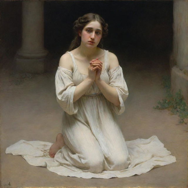 Depict the adulterous woman kneeling on the ground, her shoulders exposed and influenced by the style of William-Adolphe Bouguereau