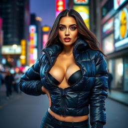 A glamorous young woman in a form-fitting, shiny black puffer jacket that accentuates her figure and large bosom