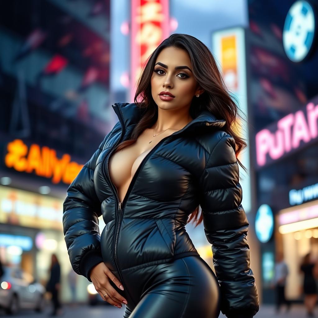 A glamorous young woman in a form-fitting, shiny black puffer jacket that accentuates her figure and large bosom