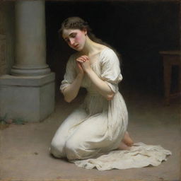 Depict the adulterous woman kneeling on the ground, her shoulders exposed and influenced by the style of William-Adolphe Bouguereau