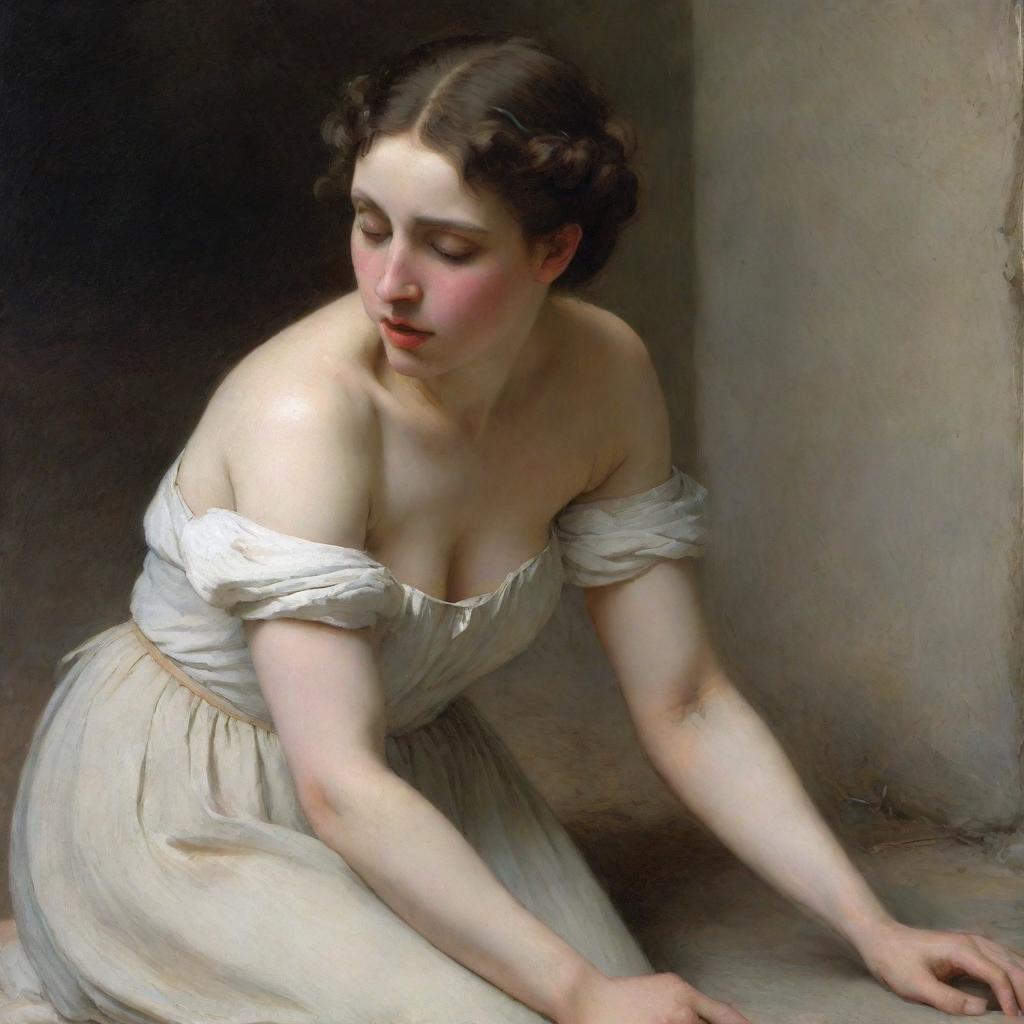 The adulterous woman, on her knees on the ground with bare shoulders, depicted in the style of Bouguereau