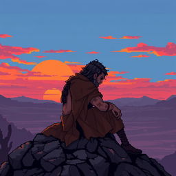 A tired and wounded cultist sitting on a rugged rock, gazing at a vibrant sunset with hues of orange, pink, and purple