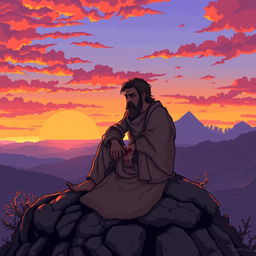 A tired and wounded cultist sitting on a rugged rock, gazing at a vibrant sunset with hues of orange, pink, and purple
