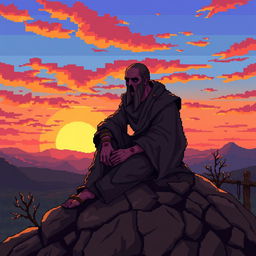 A tired and wounded cultist sitting on a rugged rock, gazing at a vibrant sunset with hues of orange, pink, and purple