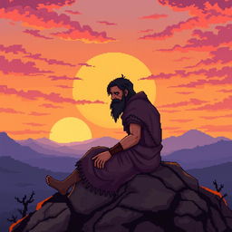 A tired and wounded cultist sitting on a rugged rock, gazing at a vibrant sunset with hues of orange, pink, and purple