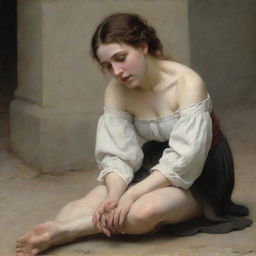 The adulterous woman, on her knees on the ground with bare shoulders, depicted in the style of Bouguereau