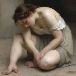 The adulterous woman, on her knees on the ground with bare shoulders, depicted in the style of Bouguereau