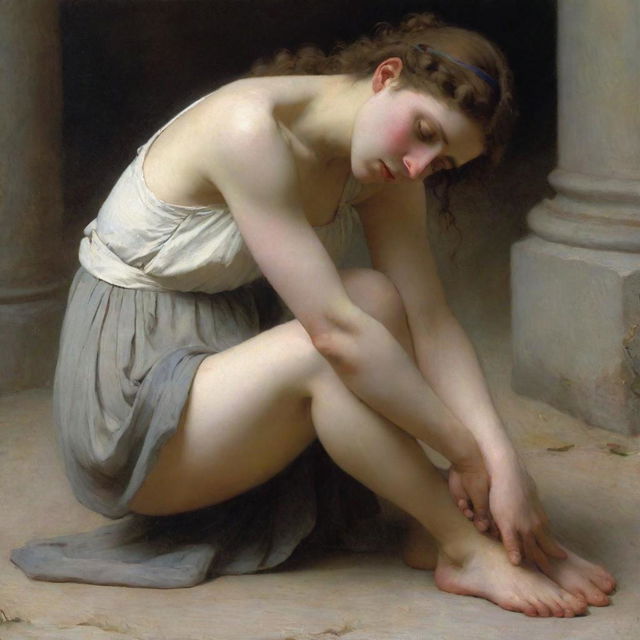 The adulterous woman, on her knees on the ground with bare shoulders, depicted in the style of Bouguereau