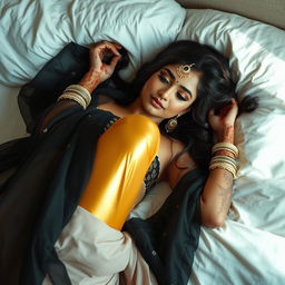 A young Indian woman in elegant bridal makeup, gracefully lying in bed