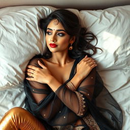 A young Indian woman in elegant bridal makeup, gracefully lying in bed