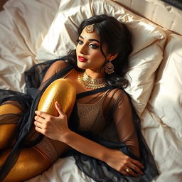 A young Indian woman in elegant bridal makeup, gracefully lying in bed