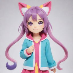 An anime-inspired catgirl character with colorful clothing, ears and tail, and adorable expressive eyes.