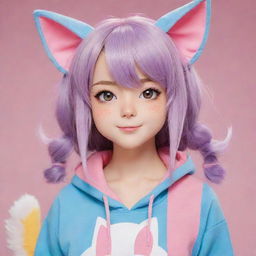 An anime-inspired catgirl character with colorful clothing, ears and tail, and adorable expressive eyes.