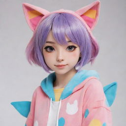 An anime-inspired catgirl character with colorful clothing, ears and tail, and adorable expressive eyes.