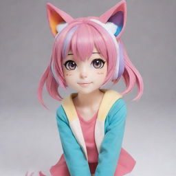 An anime-inspired catgirl character with colorful clothing, ears and tail, and adorable expressive eyes.