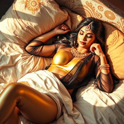 A young Indian woman, adorned in beautiful bridal makeup, lies gracefully in bed