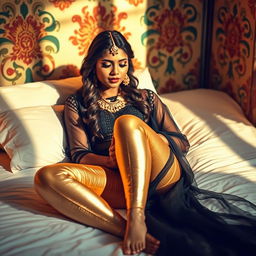 A young Indian woman, adorned in beautiful bridal makeup, lies gracefully in bed
