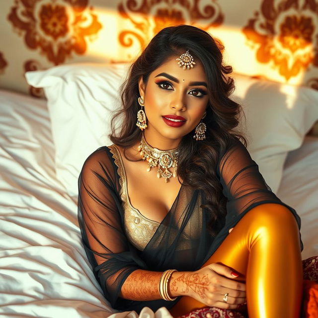 A young Indian woman, adorned in beautiful bridal makeup, lies gracefully in bed