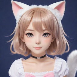 A charming anime catgirl character with sparkling eyes, cat ears, a fluffy tail, dressed in a cute outfit.