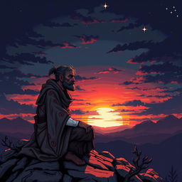 A tired, wounded cultist sitting on a rocky outcrop, gazing contemplatively at a vibrant sunset, incredibly detailed pixel art style