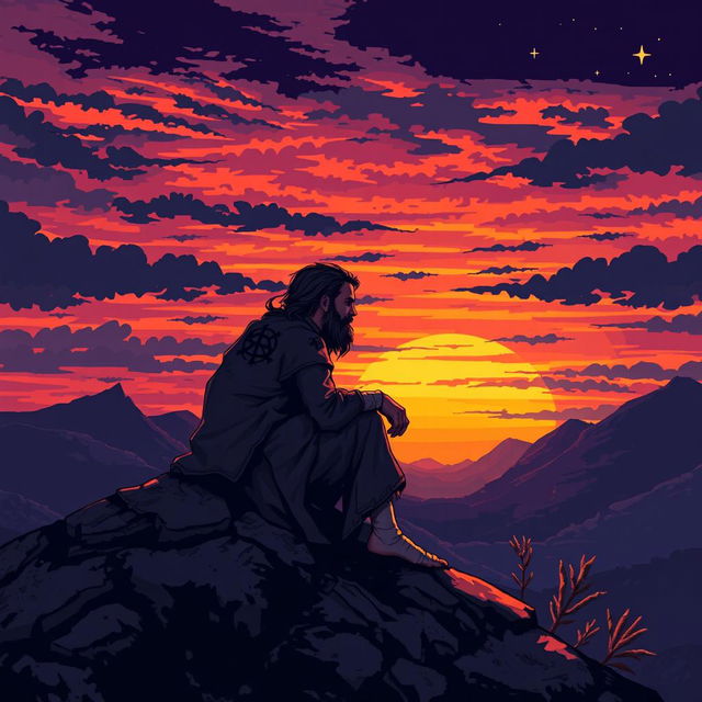 A tired, wounded cultist sitting on a rocky outcrop, gazing contemplatively at a vibrant sunset, incredibly detailed pixel art style