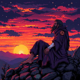 A tired, wounded cultist sitting on a rocky outcrop, gazing contemplatively at a vibrant sunset, incredibly detailed pixel art style