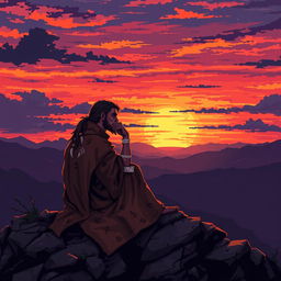 A tired, wounded cultist sitting on a rocky outcrop, gazing contemplatively at a vibrant sunset, incredibly detailed pixel art style