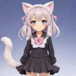 A charming anime catgirl character with sparkling eyes, cat ears, a fluffy tail, dressed in a cute outfit.