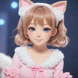 A charming anime catgirl character with sparkling eyes, cat ears, a fluffy tail, dressed in a cute outfit.