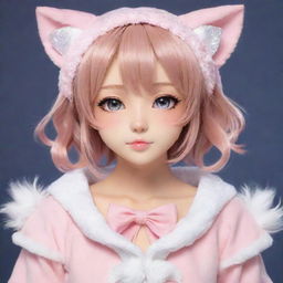 A charming anime catgirl character with sparkling eyes, cat ears, a fluffy tail, dressed in a cute outfit.