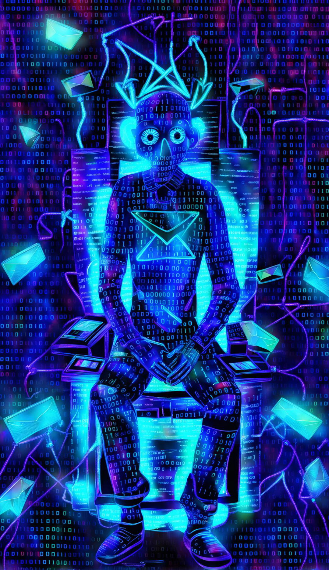 A digital art representation of a fake email job: A humanoid entity made of binary code typing on a floating keyboard with email symbol eyes, seated on a throne of discarded emails atop broken dreams, amidst a chaotic digital world filled with spam cans, phishing hooks, and virus symbols