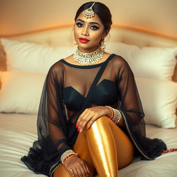 A young Indian woman showcasing stunning bridal makeup while dressed in tight golden leggings and a stylish black transparent kurta