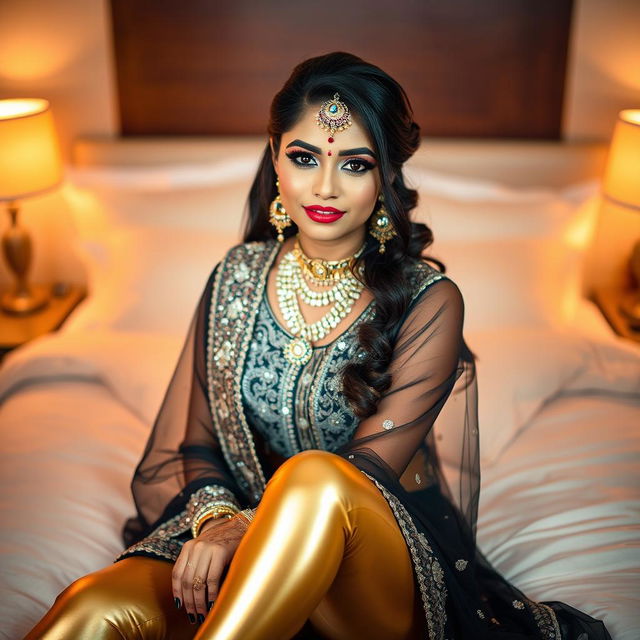 A young Indian woman showcasing stunning bridal makeup while dressed in tight golden leggings and a stylish black transparent kurta