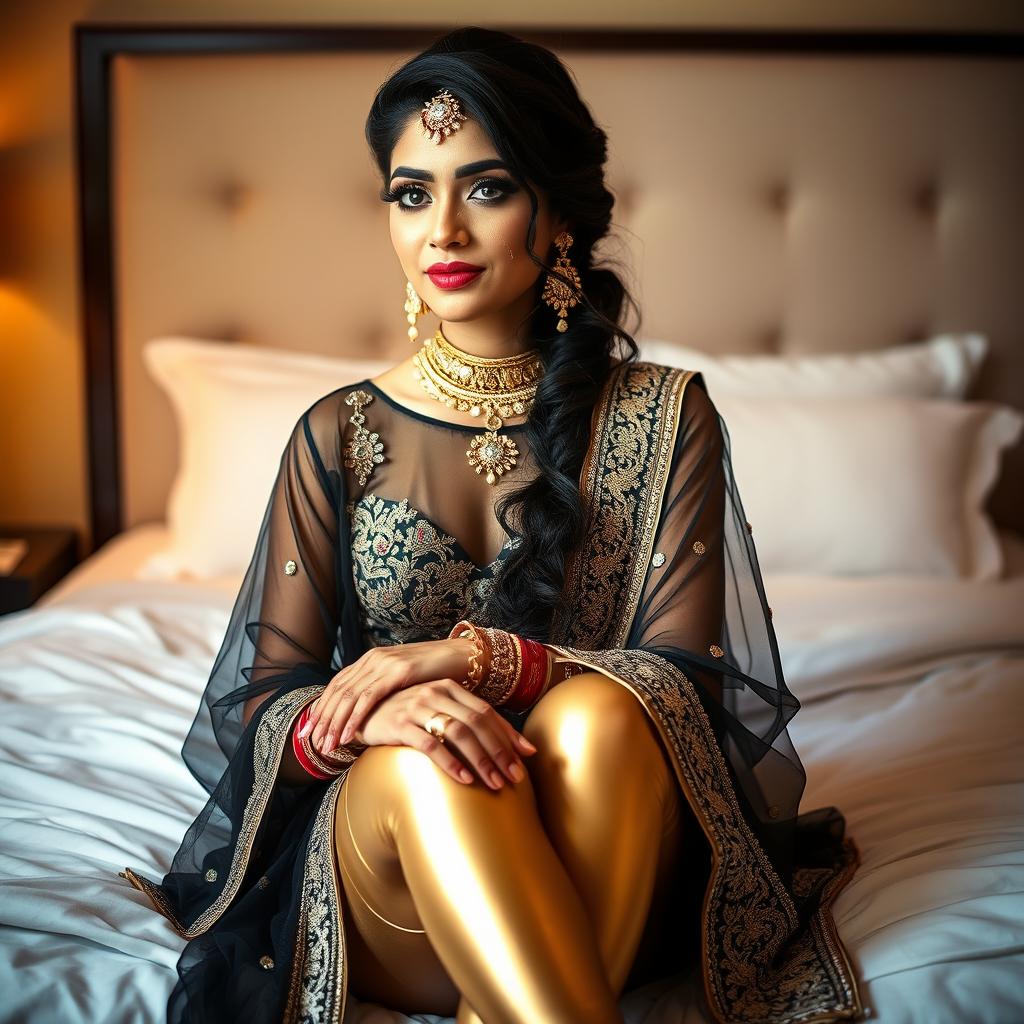 A young Indian woman showcasing stunning bridal makeup while dressed in tight golden leggings and a stylish black transparent kurta